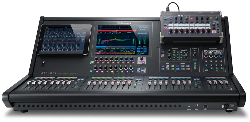 The Roland M-5000 OHRCA Live Mixing Console pictured with the M-48 Personal Mixer Used as “Engineer’s Monitor” Control.