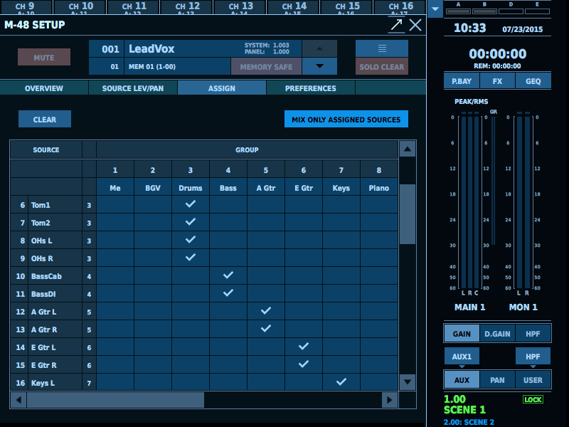 The Roland M-48 Personal Mixing Management Control Screen from the New Version 1.101 Software.