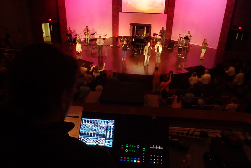 The view from the front-of-house position at Rose Heights Church in Tyler, Texas, featuring a Roland M-5000 OHRCA Live Mixing Console.