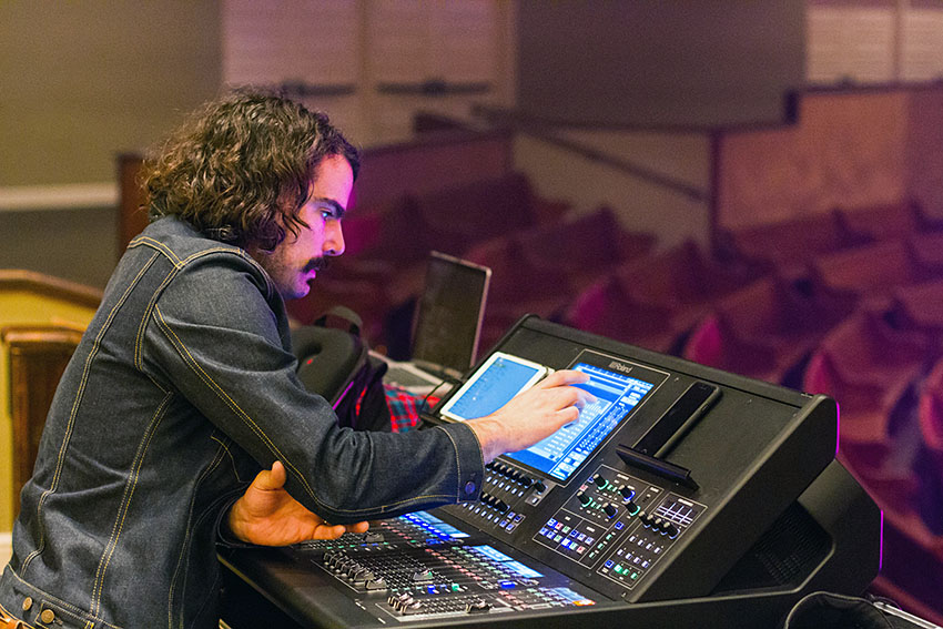 Nolan Rossi, pictured with the Roland M-5000 Digital Mixing Console that he used on the recent iteration of singer/songwriter Andrew Peterson’s Behold the Lamb of God tour.