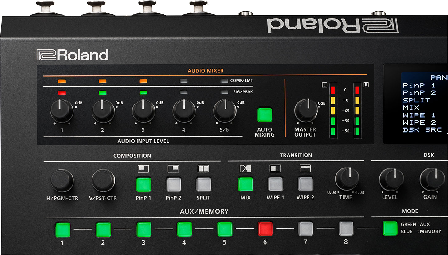 Closeup of audio mixer on Roland V-60HD Multi-Format Video Switcher