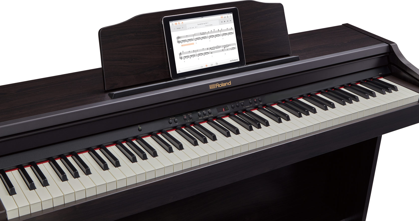 Roland RP501R CR Piano Vertical Castanho Escuro Rosewood com Ritmos, Bluetooth e porta USB