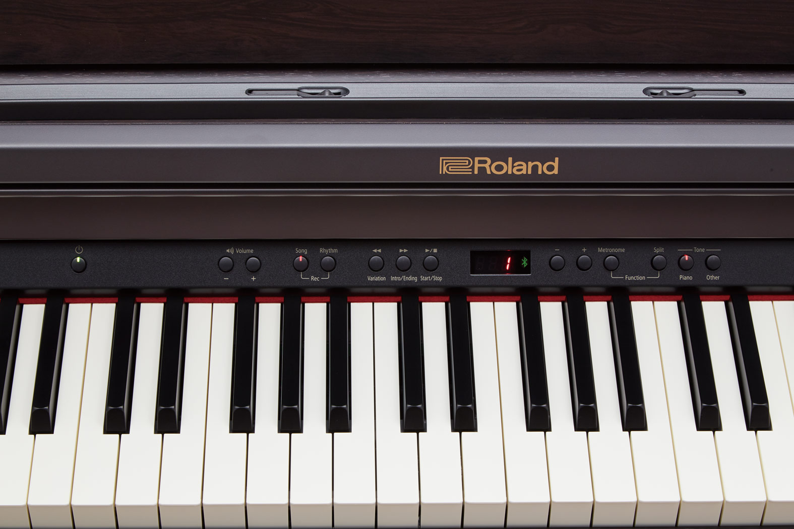 Roland RP501R CR Piano Vertical Castanho Escuro Rosewood com Ritmos, Bluetooth e porta USB